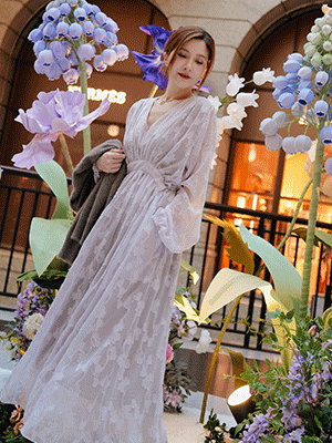 細閃V領雪紡抽繩女神長裙