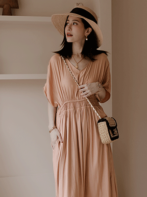 嫘縈85%下開衩V領連身長洋裝