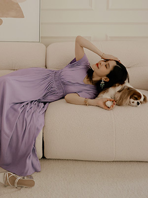 嫘縈85%下開衩V領連身長洋裝