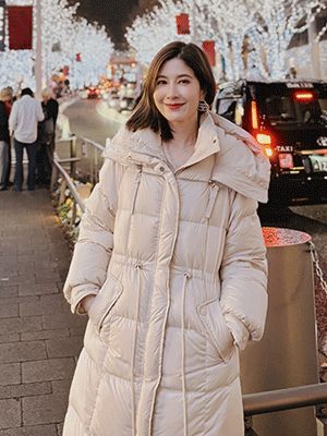 【韓國空運】鵝絨100%腰抽繩連帽長版羽絨外套
